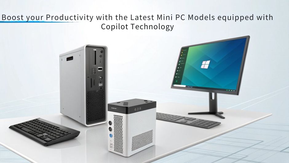 An infographic showcasing available Mini PC models aimed at enhancing productivity through the Copilot for Mini PCs. Highlight key specs, features, and benefits.