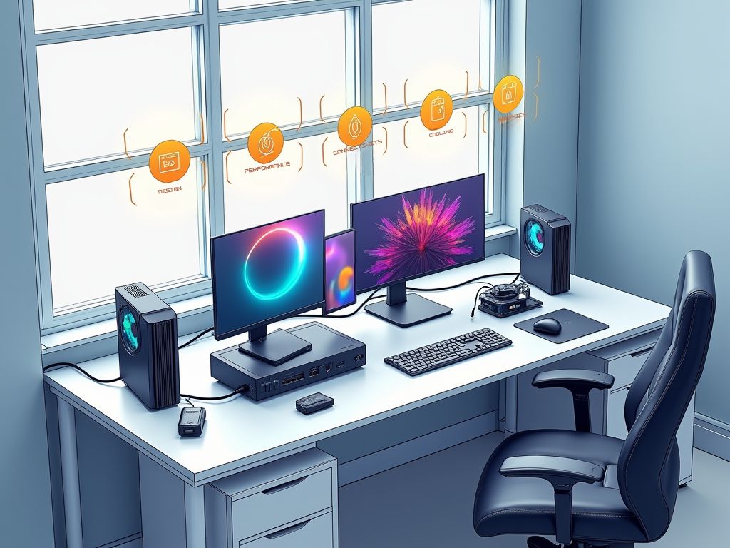 A detailed illustration of a workspace featuring multiple mini PCs on a sleek desk setup, each labeled with factors to consider for mini pcs for copilot like 'Performance,' 'Connectivity,' 'Graphics,' 'Cooling,' and 'Design.' The room has a clean, modern aesthetic with natural light streaming through large windows. The desk includes dual monitors showing vibrant displays, connected to mini PCs, with scattered accessories like external GPUs, gaming peripherals, and USB drives. Above the workspace, a visually striking infographic-style overlay highlights key icons and text for each factor (CPU, RAM, ports, cooling fan, GPU). The overall vibe is high-tech, professional, and clean, conveying an organized yet powerful environment ideal for making informed decisions.