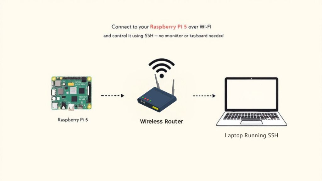 a clean, minimalist infographic illustrating a headless Raspberry Pi 5 setup. Show a small Raspberry Pi 5 board connected wirelessly to a Wi-Fi router symbol, with a laptop nearby indicating an SSH connection. 
