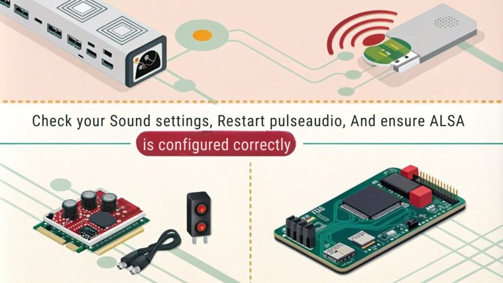 An infographic detailing PulseAudio and ALSA issues while troubleshooting sound on a Raspberry Pi. Include tips, common problems, and resolution steps.