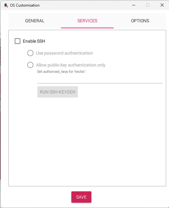 Raspberry Pi Imager Advanced Options General display, allowing one to enable SSH and so allow headless access to the Raspberry Pi