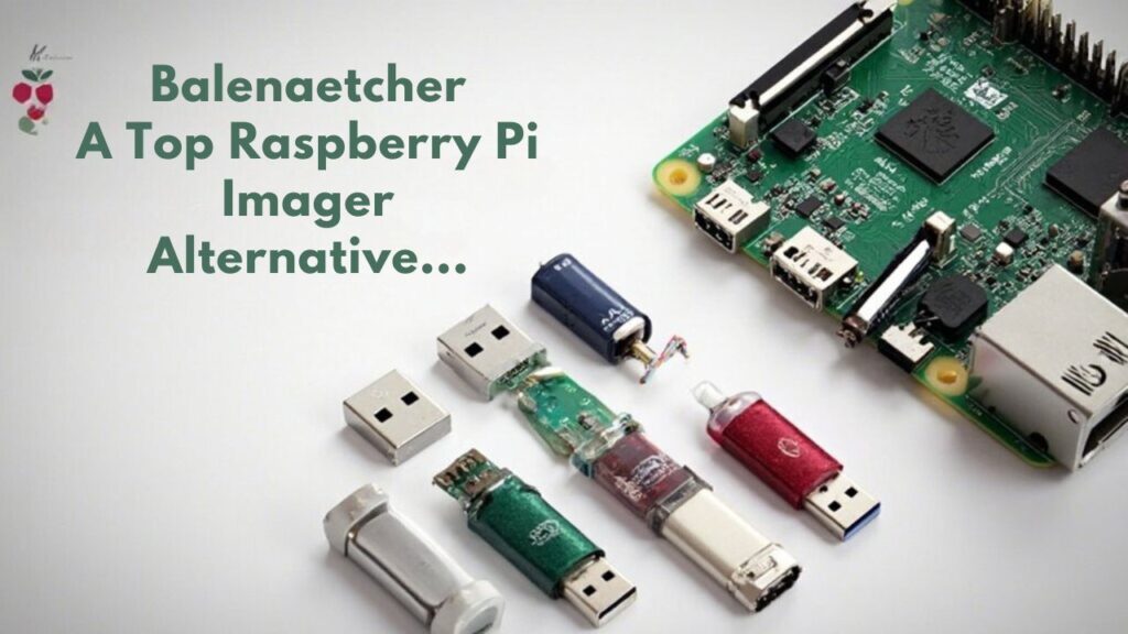 A realistic image showcasing Balenaetcher, one of several Raspberry Pi Imager Alternatives, with a Raspberry Pi alongside various USB drives. Depict the software interface in action, highlighting its functionality as a bootable USB creator.