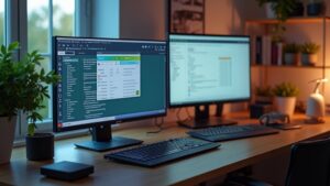 A realistic image of a Raspberry Pi setup in a modern home office, showcasing a sleek monitor displaying remote management software.