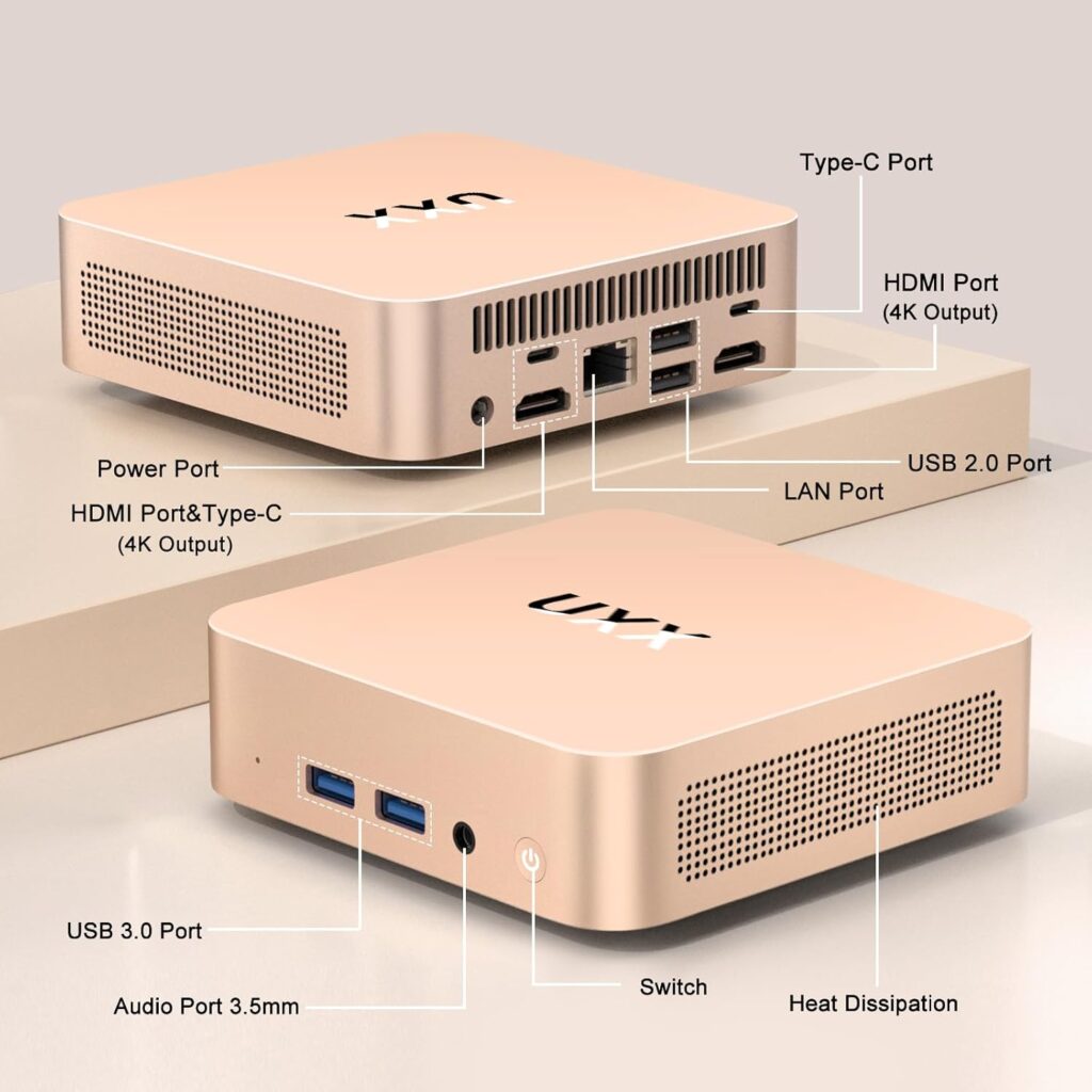 UXX Mini PC Showing its interfaces including dual HDMI 4K ports, multiple USB 2, 3, and Type C ports