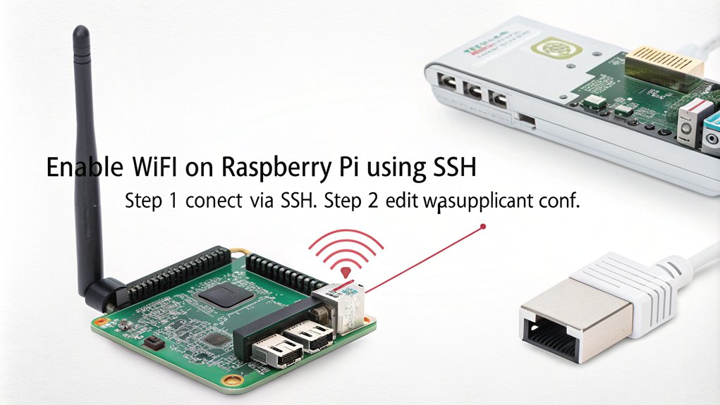 An infographic illustrating how to enable WiFi on a Raspberry Pi via SSH, detailing step-by-step commands and configurations.