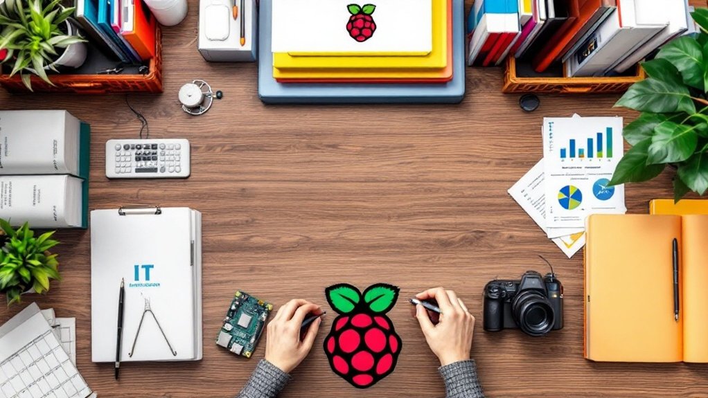 A realistic image of a well-organized workspace featuring a Raspberry Pi setup, books, online course materials, and tools for IT certification.