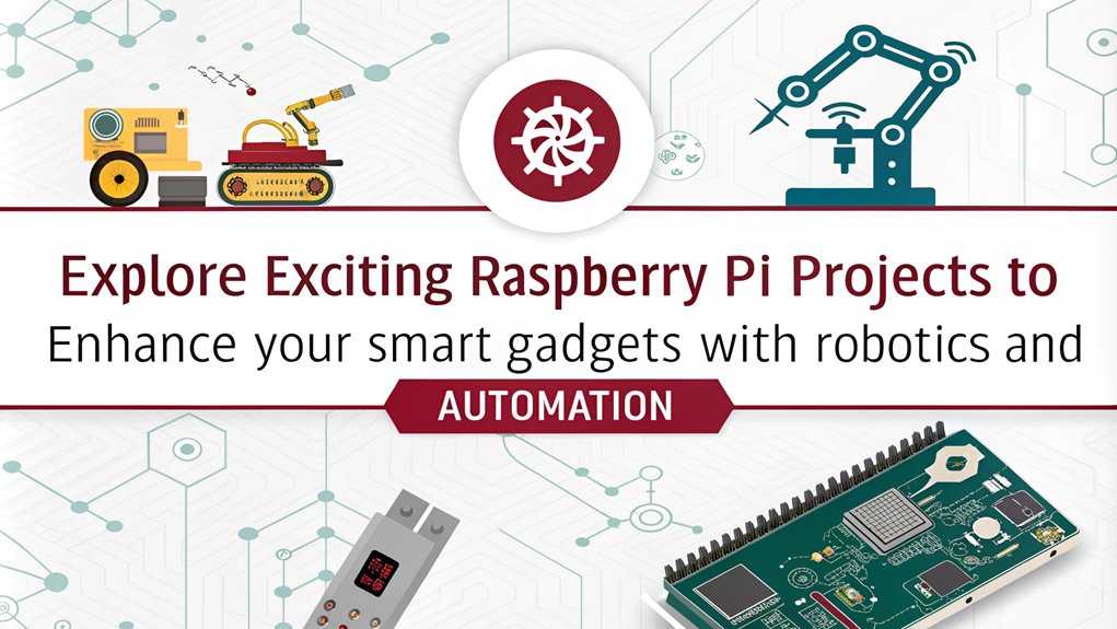 An infographic showcasing Robotics and Automation in Raspberry Pi projects for smart gadgets. Highlight innovative uses, benefits, and project ideas. The only text in the image is as follows: "Explore exciting Raspberry Pi projects to enhance your smart gadgets with robotics and automation."