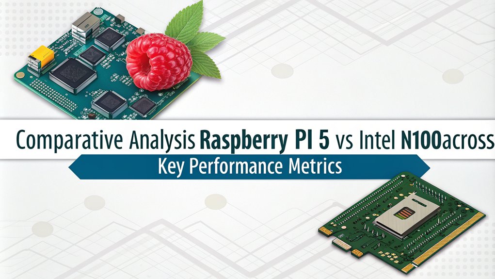An infographic comparing the application use cases of Raspberry Pi 5 vs Intel N100 performance. Highlight 10 performance metrics to showcase differences effectively.