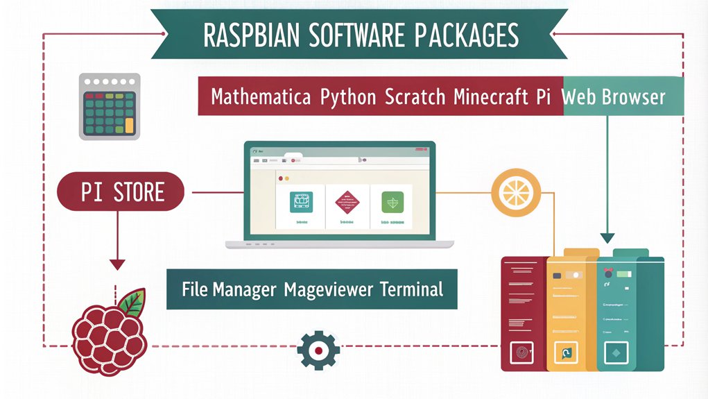 An infographic about the software and packages in the context of what is Raspbian, including:  - Default programs like Mathematica, Python, Scratch, and Minecraft Pi - Internet tools such as the Web Browser and Pi Store - Accessories like File Manager, Image Viewer, and Terminal - Various package categories from the Raspbian repository 