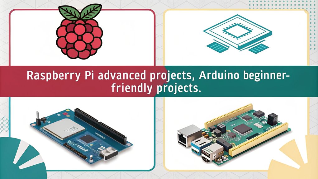 :An infographic comparing project suitability and complexity of Raspberry Pi vs Arduino for beginners.