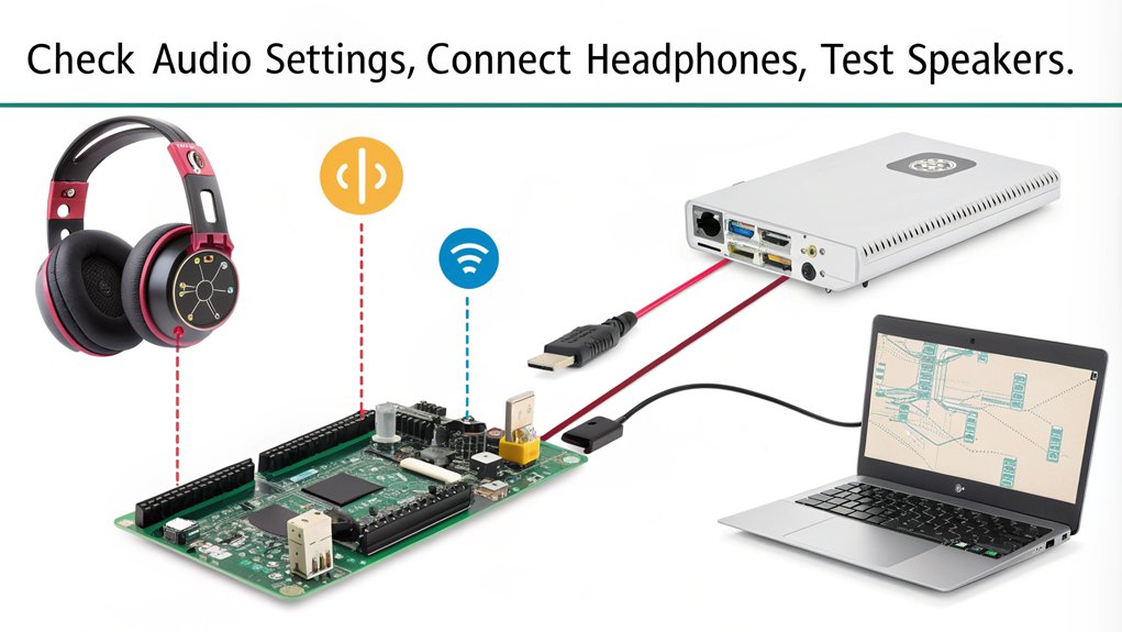 An infographic showcasing testing audio output on Raspberry Pi for troubleshooting sound issues.