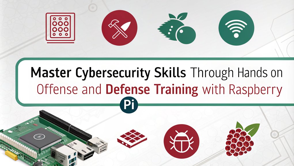 An infographic showcasing Offense and Defense Training in a Raspberry Pi Cybersecurity Lab. Highlight key components, tools, and techniques for effective training.