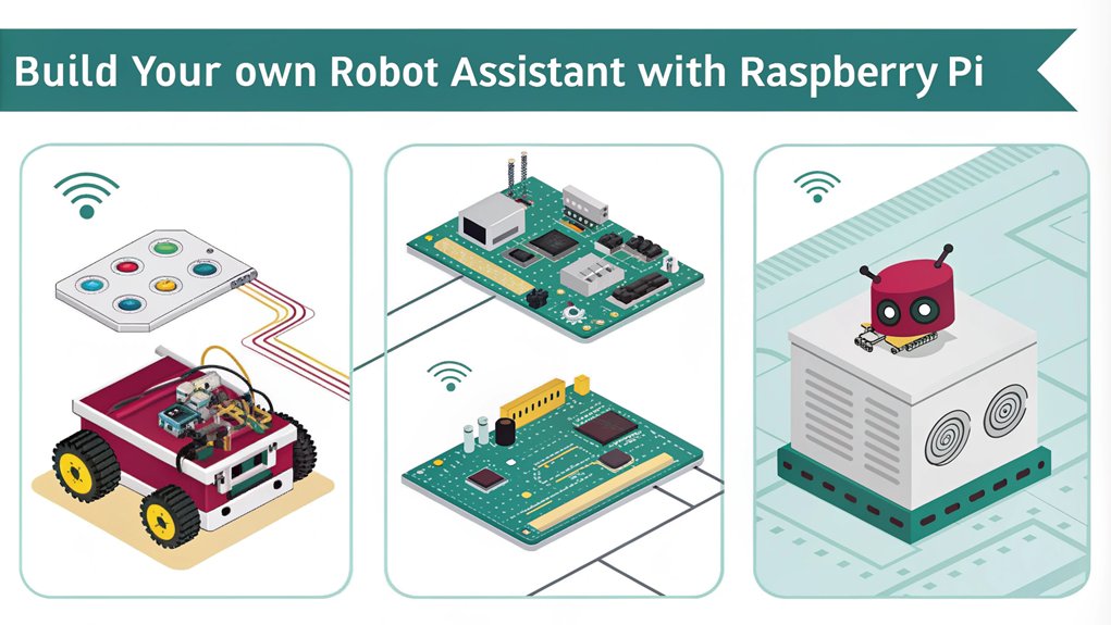 An infographic about a DIY Robot Assistant in the context of Creative Raspberry Pi Projects for Hobbyists. The infographic should include sections on hardware components, software setup, and step-by-step assembly instructions.