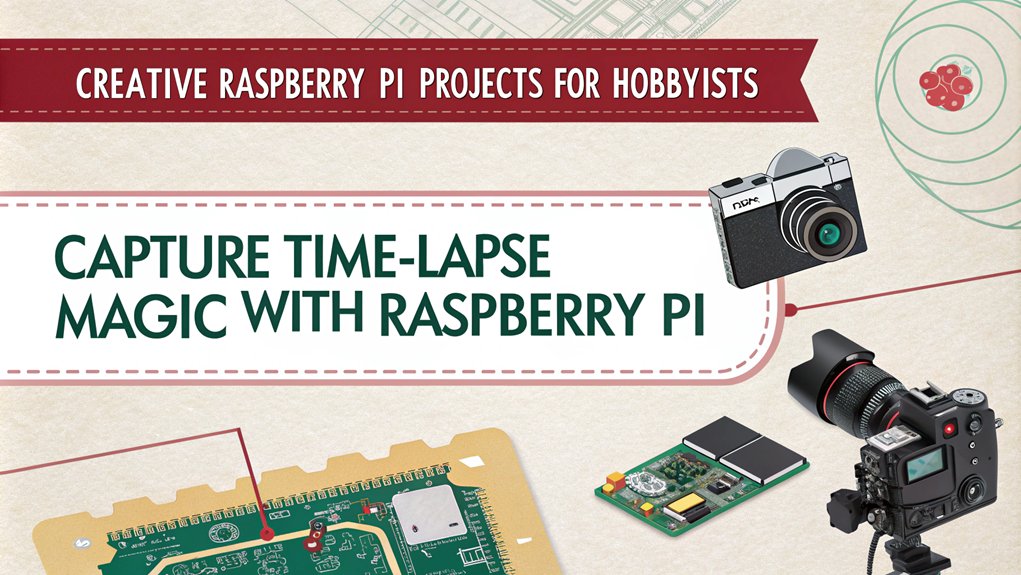 An infographic about the Time-Lapse Camera Project in the context of Creative Raspberry Pi Projects for Hobbyists. The infographic should include sections on hardware requirements, software setup, mounting and placement tips, and examples of time-lapse photography.