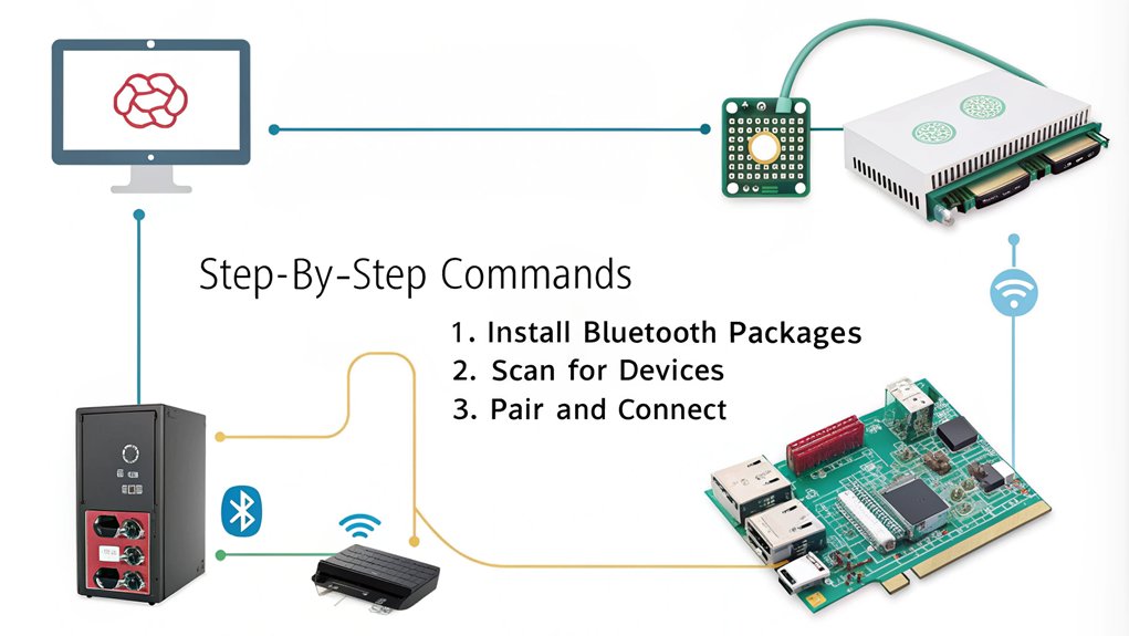 An infographic illustrating how to connect a Raspberry Pi to a Bluetooth device using the Command Line Interface. 