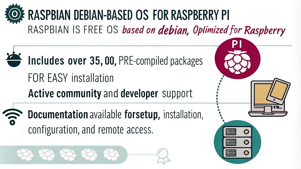 :An infographic about extensive online documentation in the context of what is Raspbian, highlighting the following key points:  - Raspbian is a free OS based on Debian, optimized for Raspberry Pi hardware. - It includes over 35,000 pre-compiled packages for easy installation. - Active community and developer support. - Documentation available for setup, installation, configuration, and remote access.