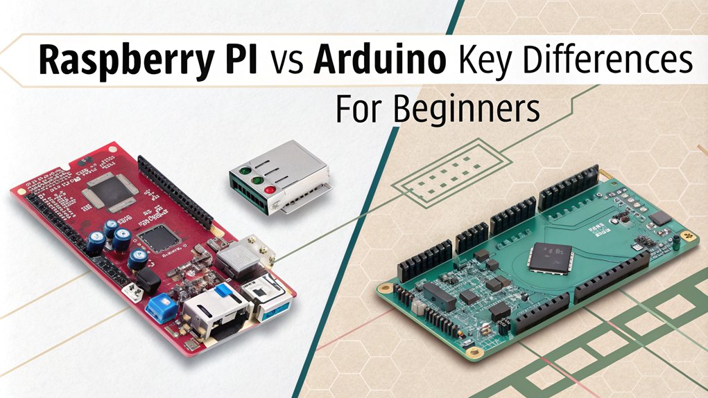 An infographic comparing the hardware and architecture of Raspberry Pi and Arduino, targeted at beginners. The infographic should include sections on processing power, memory, input/output capabilities, and typical use cases.  The only text in the image is as follows: "Raspberry Pi vs Arduino: Key Differences for Beginners"
