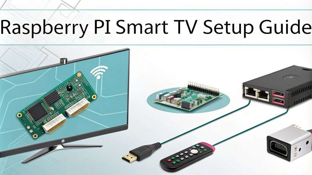 An infographic about Smart TV Setup in the context of Creative Raspberry Pi Projects for Hobbyists. The infographic should include steps for setting up a Raspberry Pi as a media center, connecting it to a TV, and installing necessary software. It should also highlight key components like HDMI cables, power supply, and remote control.