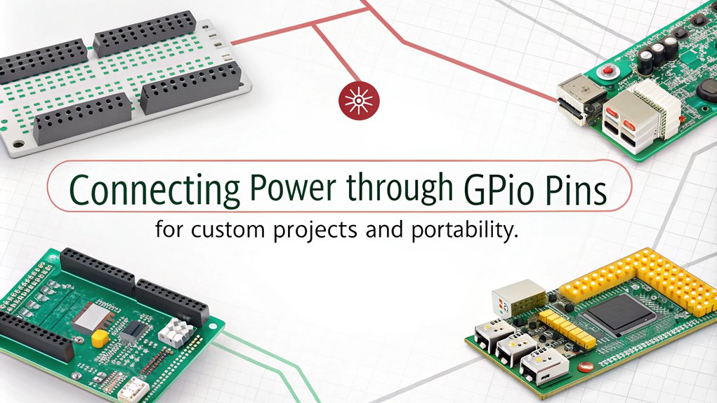 An infographic showcasing how to power your Raspberry Pi using GPIO pins. Include visual representations of GPIO pin layouts, battery connections, and comparison of power options. 