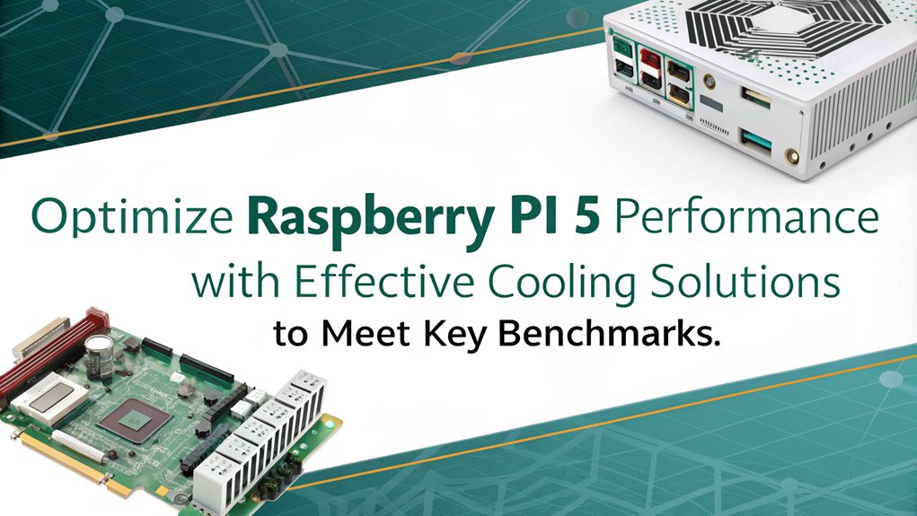 :An infographic showcasing the cooling requirements and solutions for optimized performance of the Raspberry Pi 5. Highlight key performance benchmarks and effective cooling methods.