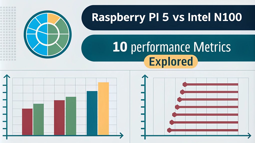 An infographic comparing CPU benchmark performance between Raspberry Pi 5 vs Intel N100, featuring 10 key performance metrics.