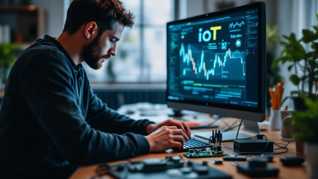 A realistic image of a person working with a Raspberry Pi, setting up IoT devices in a home office. Various sensors and gadgets are visible, showcasing hands-on IT certification with a Raspberry Pi.