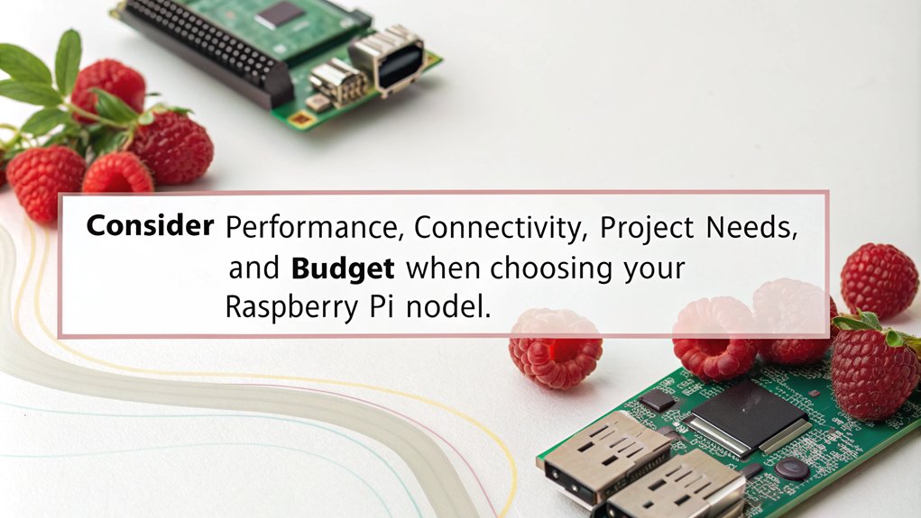 An infographic illustrating Factors for Selecting a Raspberry Pi Model should include performance, connectivity, project requirements, and budget considerations.