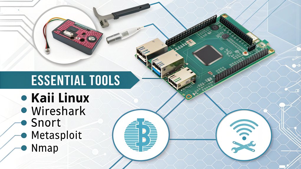 An infographic showcasing essential services and tools for creating a Raspberry Pi Cybersecurity Lab. Highlight key components such as penetration testing tools, network monitoring, and security frameworks.