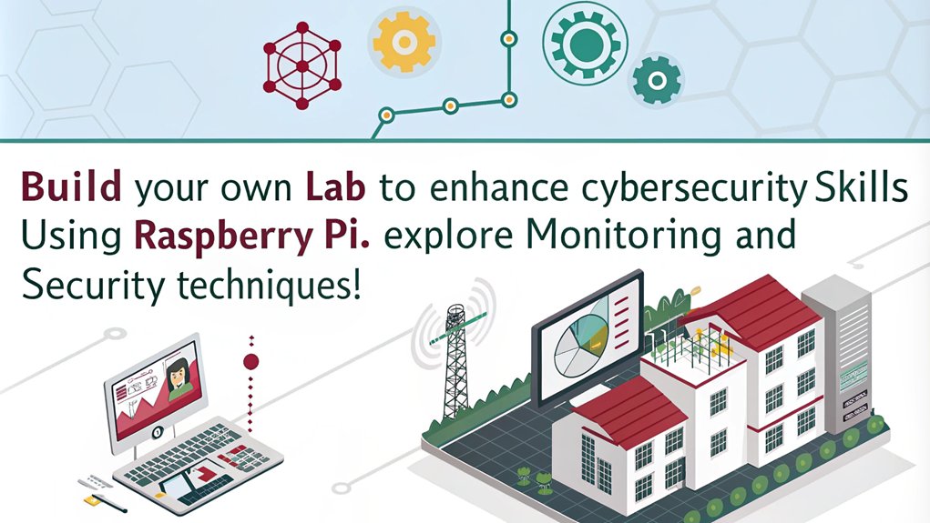 An infographic showcasing Network Security and Monitoring in a Raspberry Pi Cybersecurity Lab. Highlight key components like firewalls, intrusion detection, and monitoring tools.