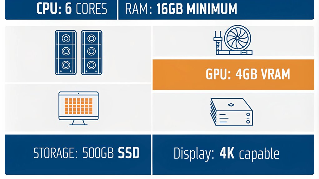 An infographic using minimalist icons and a vertical layout showing key performance requirements for a mini pc for digital artists. Use blue and white color scheme with accent orange. Include simple illustrations of computer components.