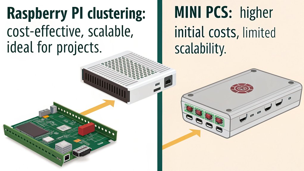 An infographic comparing cost and scalability analysis of Raspberry Pi clustering versus mini PCs. Highlight key factors like initial investment, power consumption, and expandability.