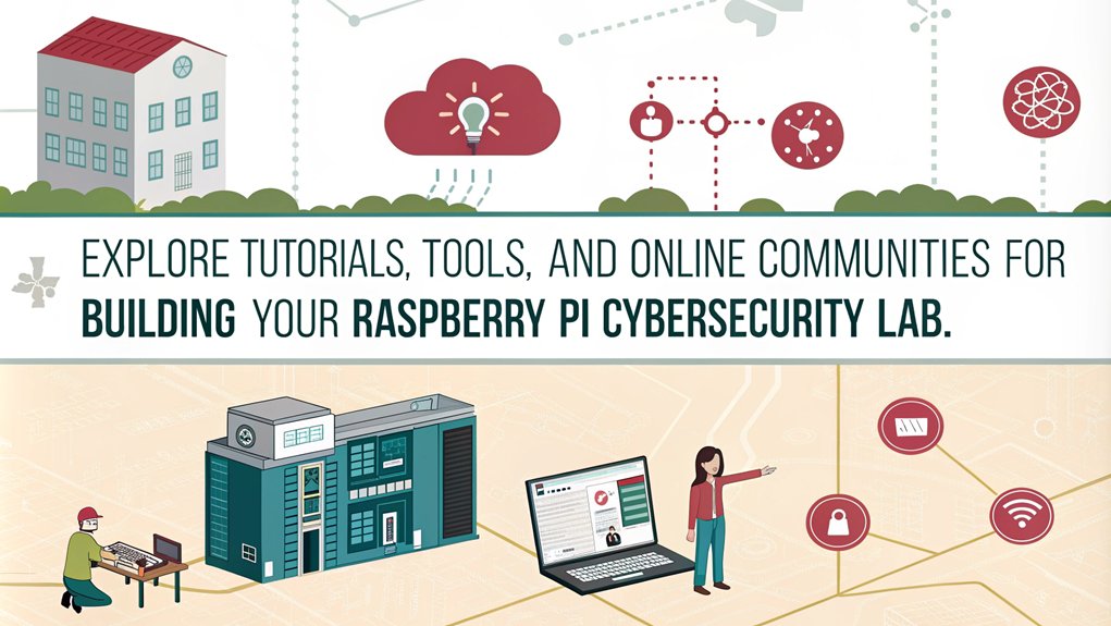 :An infographic showcasing essential resources for creating a Raspberry Pi cybersecurity lab. Include links to tutorials, tools, and communities that support learning.