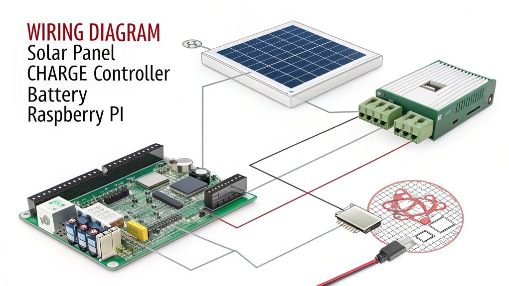 An infographic illustrating Wiring and Connections for building a Solar Powered Raspberry Pi. Include diagrams for solar panel connections, battery wiring, and Raspberry Pi setup.
