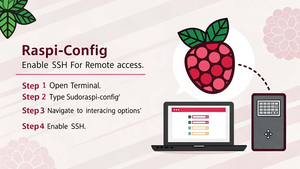 An infographic detailing how to enable SSH using Raspi-Config for accessing the Raspberry Pi command line.