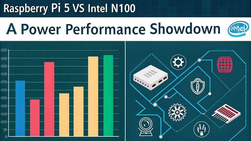 An infographic comparing power consumption analysis between Raspberry Pi 5 and Intel N100 performance, detailing 10 performance metrics.