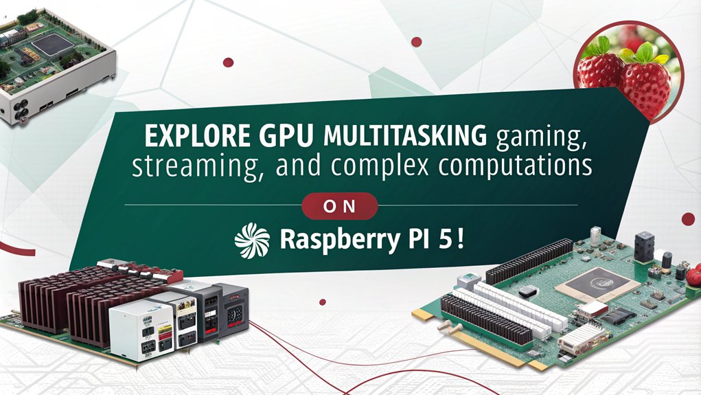 An infographic showcasing the advanced GPU capabilities of the Raspberry Pi 5, focusing on its multitasking strengths and practical applications.