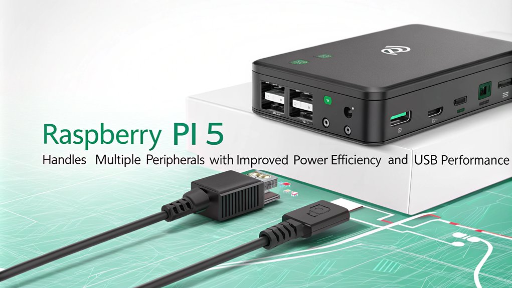 An infographic illustrating the enhanced power supply and USB features of the Raspberry Pi 5, showcasing its multitasking capabilities.