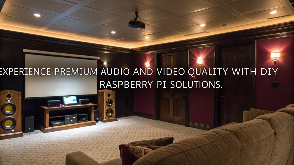A realistic image of a high-tech home theater setup using a Raspberry Pi, showcasing an optimized projector and surround sound system. The atmosphere is cozy, with dimmed lights and plush seating.