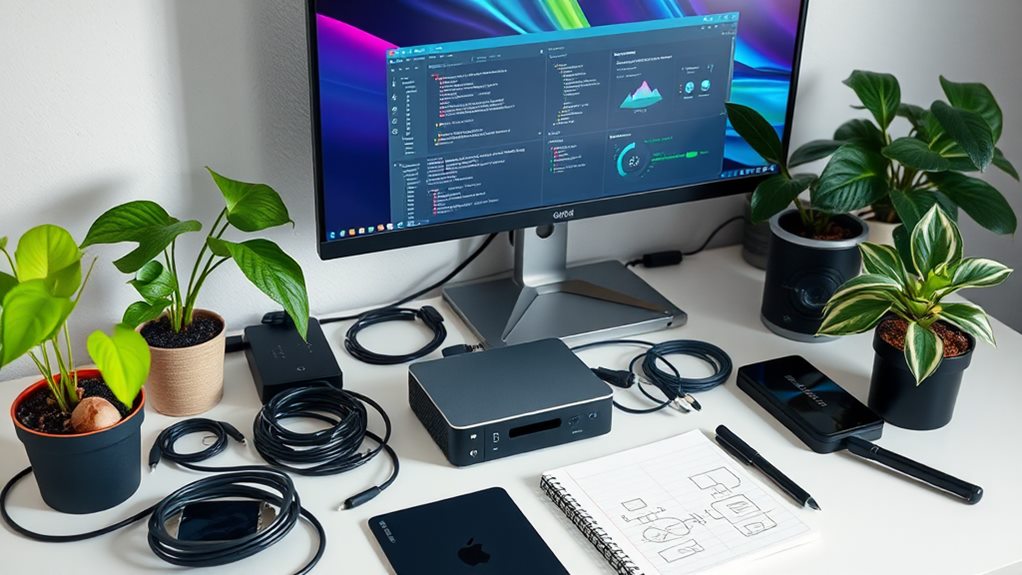 A cozy workspace with a sleek Mini PC setup, various cables and tools neatly organized, showcasing a monitor displaying virtualization software. Include vibrant plants, a notepad with diagrams, and a minimalist desk. This shows the process of setting virtualization on mini pcs