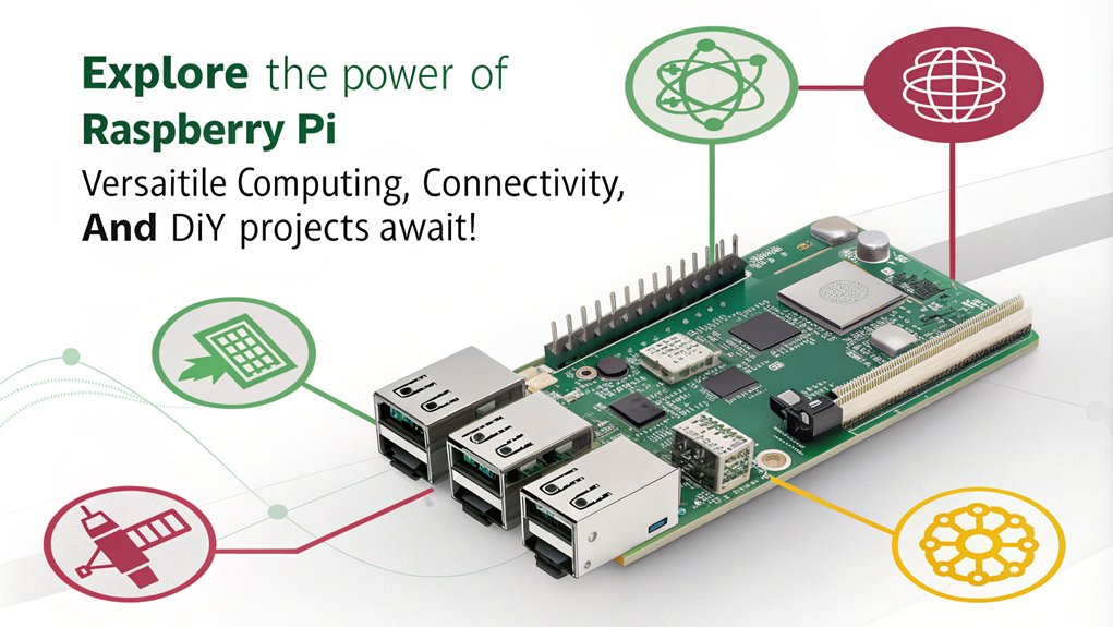 An infographic showcasing the key hardware features of a Raspberry Pi, highlighting its processing power, connectivity options, and GPIO pins.