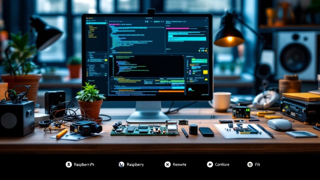 A realistic image depicting a Raspberry Pi setup with various IT certification projects, including coding, networking, and hardware assembly. This illustrates how one could get an IT Certification with a Raspberry Pi.