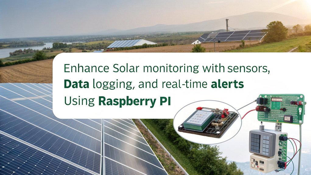 An infographic showcasing additional components for solar power monitoring with a Raspberry Pi. Highlight sensors, data logging, and alerts.