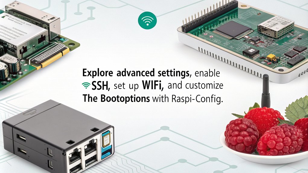 An infographic showcasing Additional Configuration Options in the Raspi-Config Tool for Raspberry Pi. Highlight key features like advanced options, localization, and performance tweaks.
