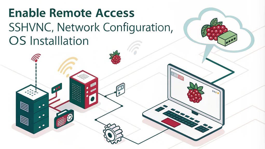 An infographic about enabling remote access in the context of setting up your first Raspberry Pi, including step-by-step instructions. The infographic should cover steps like installing the operating system, configuring network settings, and setting up SSH or VNC.