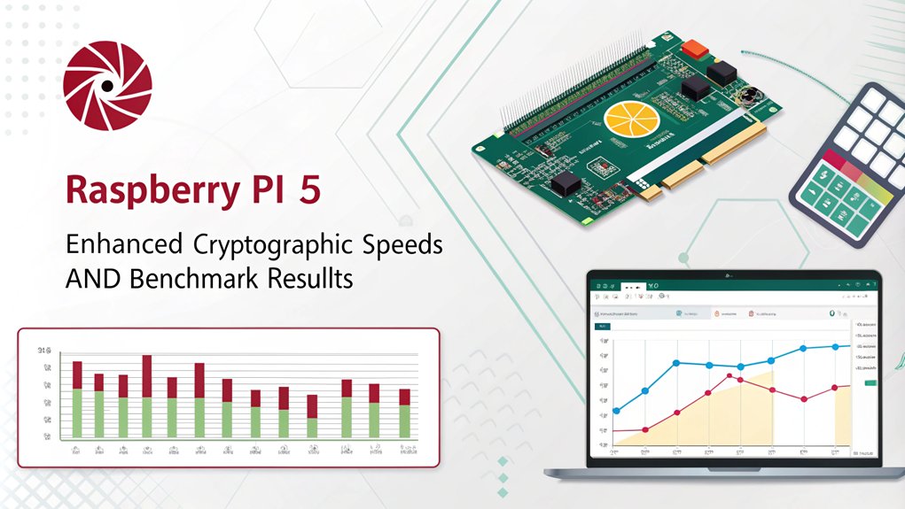 An infographic showcasing cryptographic speed advances in Raspberry Pi 5, focusing on key performance benchmarks. Highlight comparison metrics and performance improvements.