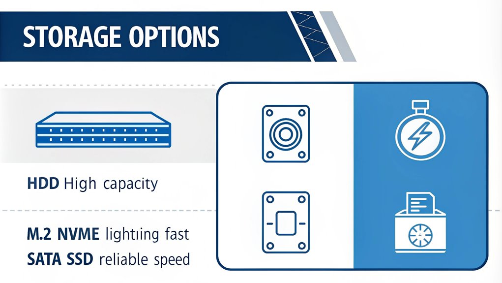 n infographic showing storage types for mini PCs in a clean, modern design with icons representing SSD, HDD, and M.2 drives. Use blue and white color scheme. Display comparative speeds and capacities using simple visual charts.