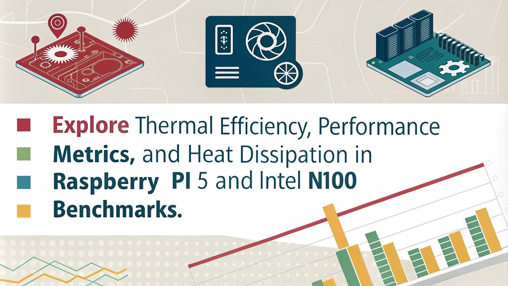 An infographic comparing thermal management considerations for Raspberry Pi 5 vs Intel N100, featuring 10 performance metrics.