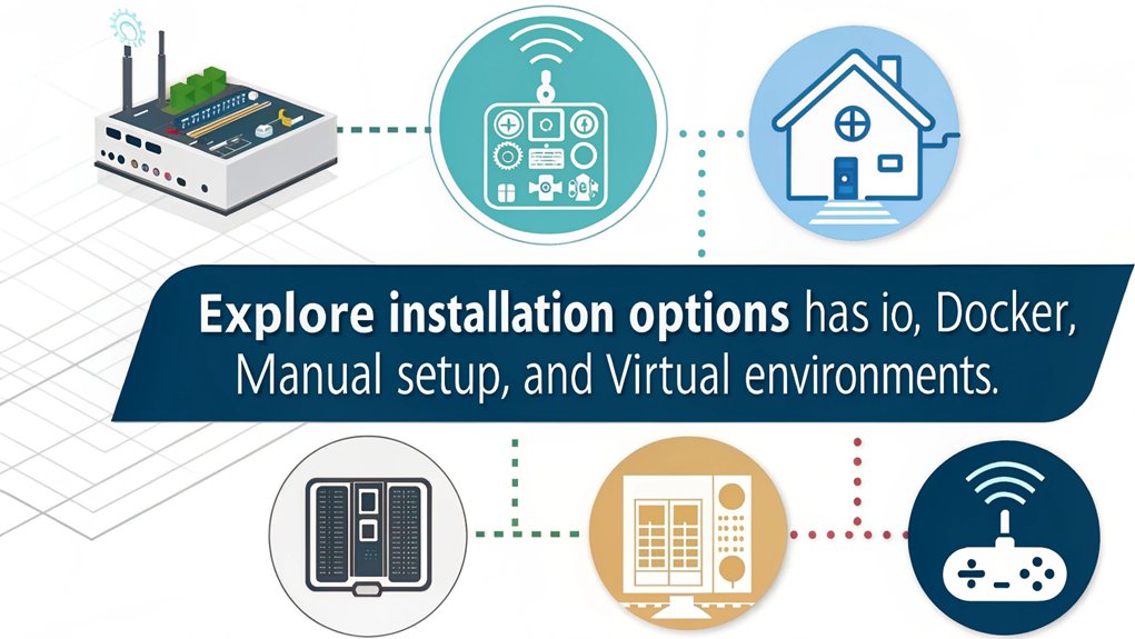 An infographic showcasing various installation methods for Home Assistant on a Mini PC for home automation and security.