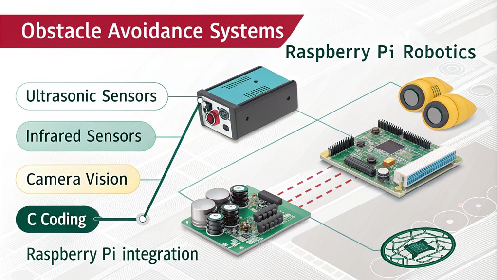 An infographic about Obstacle Avoidance Systems in the context of What Can C++ Do for Raspberry Pi Robotics, highlighting key components and functionalities. 