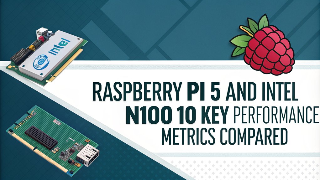 An infographic comparing the versatility of operating systems on Raspberry Pi 5 versus Intel N100, highlighting 10 performance metrics